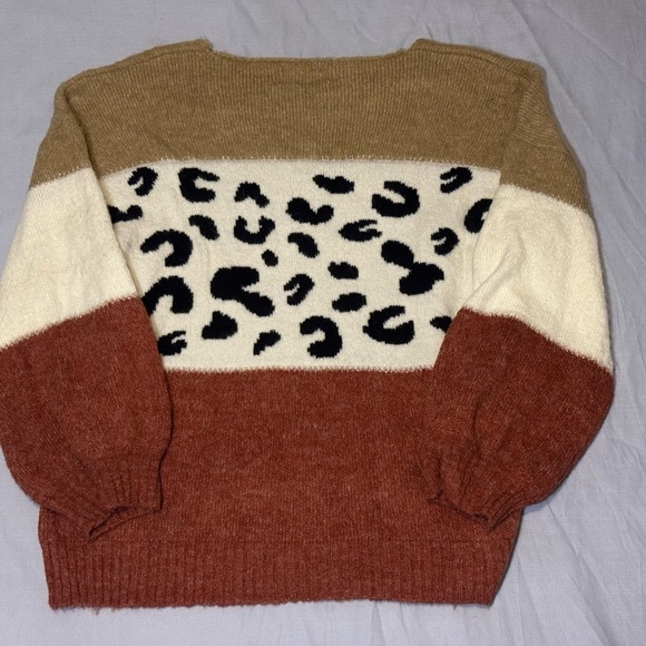 Cream and Tan Crew Neck Sweater with Leopard Print - Picture 2 of 3